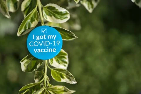 Beautiful creative view of light blue "I got my COVID-19 vaccine" sticker Stock Photos