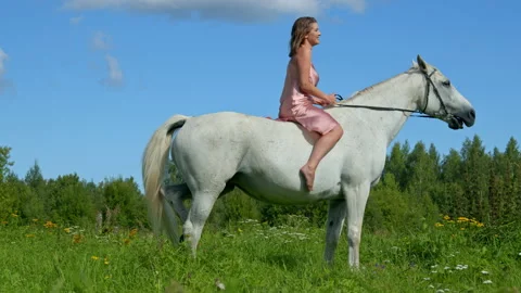 Beautiful curvy female model posing on a horse Stock Footage 145754734