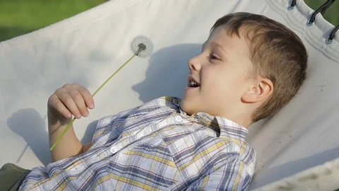 Beautiful cute boy lying on the hammock in the park Stock Footage 76160498