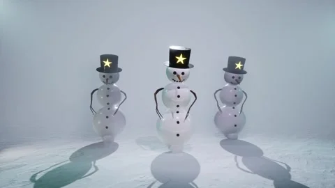 Beautiful dance animation of three snowmans moving in white foggy background Stock Footage 283123689