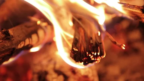 Beautiful dancing flames from a bonfire in extreme close-up. Blazing firewoods Stock Footage 321524802