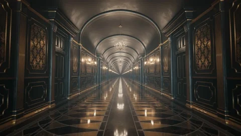 Beautiful dark baroque corridor with gold decor. Seamless looping animation. 4K 스톡 동영상 201225983