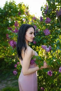 Beautiful dark-haired model posing among blossoming lilac bushes in spring Stock Photos