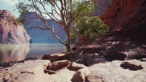 Beautiful day on the river with sandstone cliffs and reflections Stock Illustration