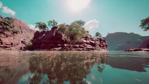 Beautiful day on the river with sandstone cliffs and reflections Stock Illustration