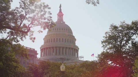 Beautiful DC Capitol Building, trees, American flag, lens flare, 4K Vídeos de archivo 71356859