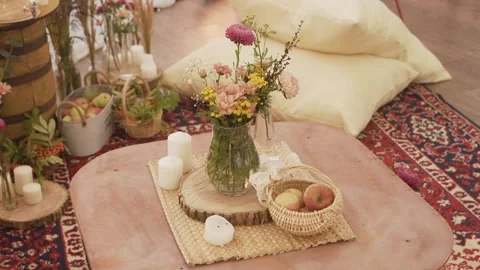 Beautiful decor retro style table with apples and lively decoration with an 库存影片 244149217