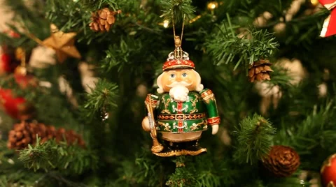 Beautiful decorated Christmas tree, the Nutcracker toy, toy soldier,fairy lights Stock Footage 41381030