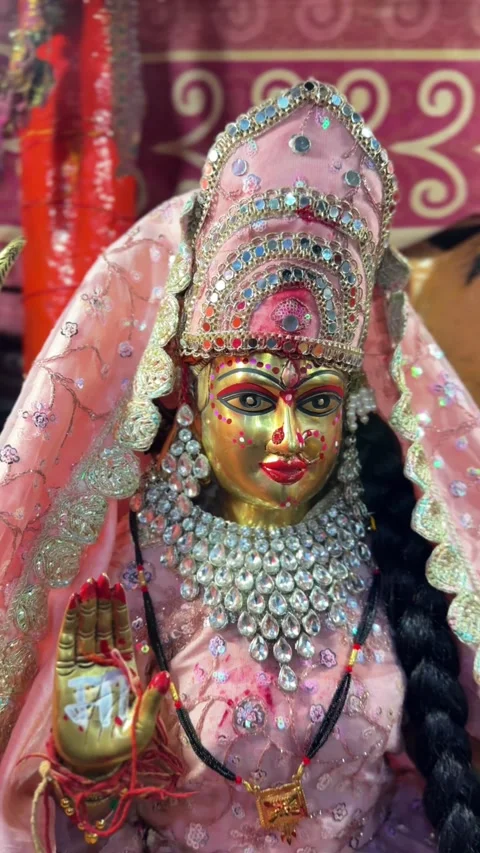 Beautiful Decorated Hindu Durga Goddess Idol with Traditional Jewelry and F.. Stock Footage 337908366