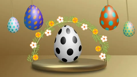 Beautiful decorated platform for Easter holiday with flowers and Swinging egg Stock Footage 235552406