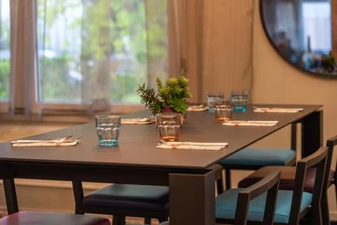 Beautiful decorated table set up for dinner at home Stock Photos