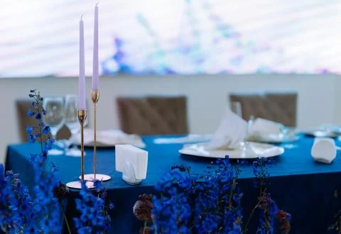 Beautiful decorated table set for wedding party. Wedding decorations with f.. Stock Photos