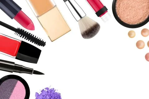 Beautiful decorative cosmetics and makeup brushes, isolated on white Foto stock