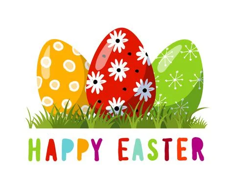 Beautiful decorative easter eggs on the grass. Greeting card for the holiday, Stock Illustration