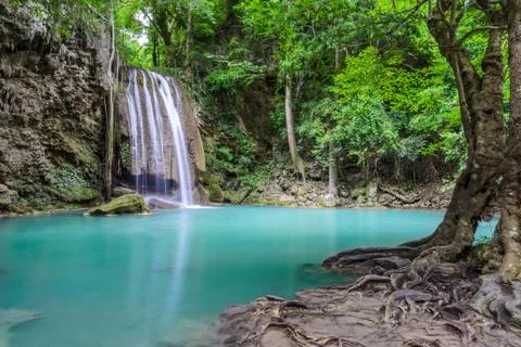 Beautiful deep forest waterfall Stock Photos