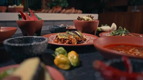 Beautiful Delicious Spread of Fine Mexican Cuisine Food Spread on a Table Vídeos de archivo 280704145