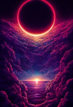 Beautiful digital illustration of the solar eclipse above the clouds. Stock Illustration