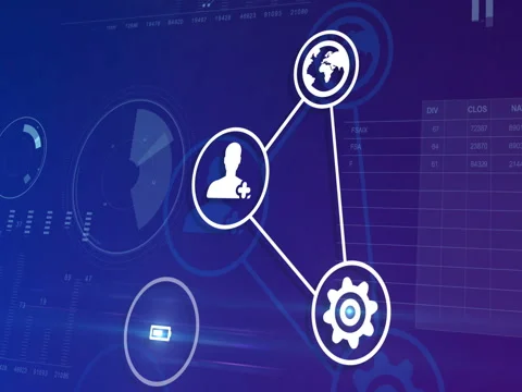 Beautiful Digital Interface with Icons and Links Growing over Business Graphs 動画素材 76153015