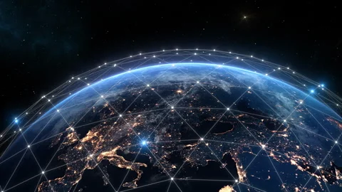 Beautiful Digital Network Grid over Earth. Global Worldwide Internet, Control Stock Footage 302471341