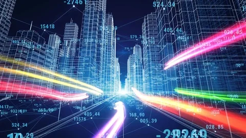 Beautiful Digital World. Abstract Digital City with Numbers and Grids. Flying Stock Footage