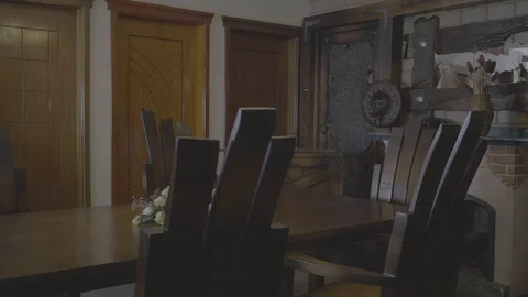 Beautiful dining table and chairs and modern design interior doors Stock Footage 97214630