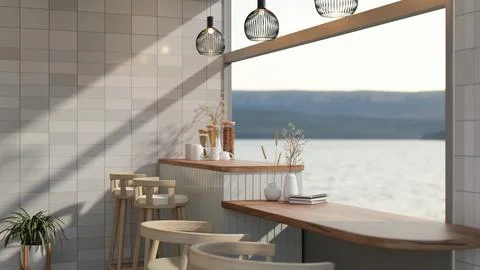 A beautiful dining table is near the large glass window with a lake view in.. Stock Illustration