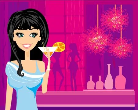 Beautiful disco girl with drink Stock Illustration