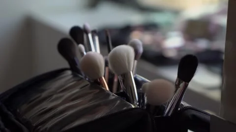 A Beautiful Display of Professional Makeup Brushes Perfect for Various Beauty Stock Footage 291021296