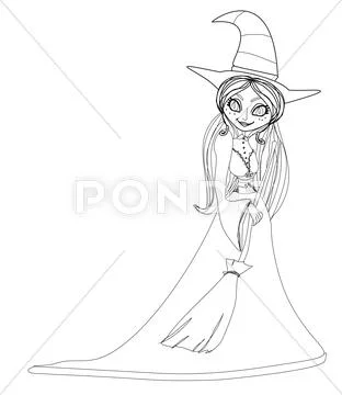 Beautiful doodle little witch Stock Illustration