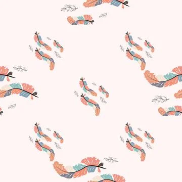 Beautiful doodle seamless pattern of boho feathers on a pink background. Hand 库存插图