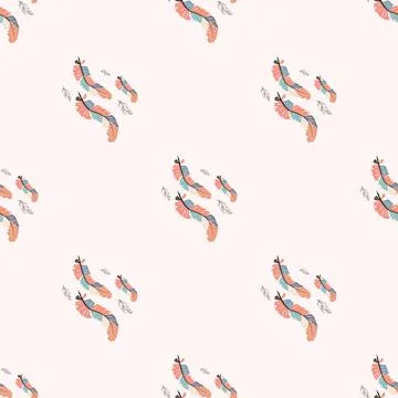 Beautiful doodle seamless pattern of boho feathers on a pink background. Hand 스톡 일러스트