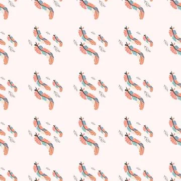 Beautiful doodle seamless pattern of boho feathers on a pink background. Hand Stock Illustration