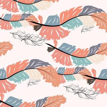 Beautiful doodle seamless pattern of boho feathers on a pink background. Hand 库存插图