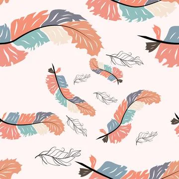 Beautiful doodle seamless pattern of boho feathers on a pink background. Hand Illustrazione stock