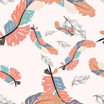 Beautiful doodle seamless pattern of boho feathers on a pink background. Hand Illustrazione stock