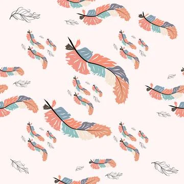 Beautiful doodle seamless pattern of boho feathers on a pink background. Hand Stock Illustration