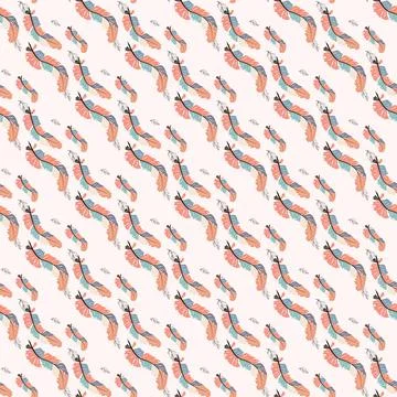 Beautiful doodle seamless pattern of boho feathers on a pink background. Hand Ilustración de archivo