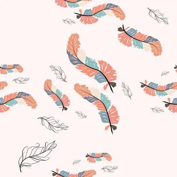 Beautiful doodle seamless pattern of boho feathers on a pink background. Hand Stock Illustration