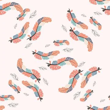 Beautiful doodle seamless pattern of boho feathers on a pink background. Hand Stock Illustration