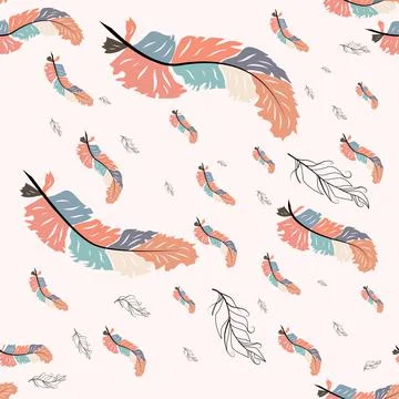 Beautiful doodle seamless pattern of boho feathers on a pink background. Hand Illustrazione stock