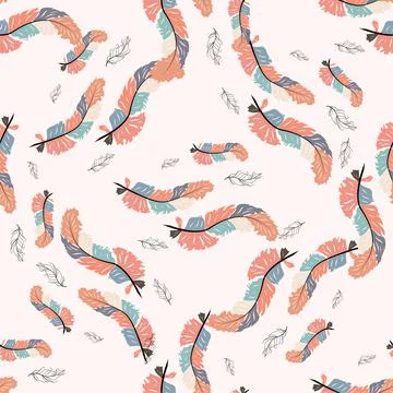Beautiful doodle seamless pattern of boho feathers on a pink background. Hand 库存插图