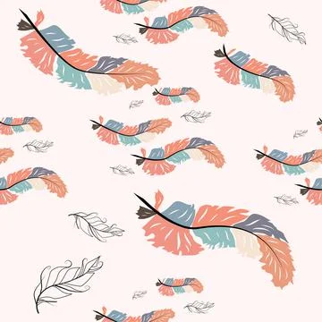 Beautiful doodle seamless pattern of boho feathers on a pink background. Hand 스톡 일러스트