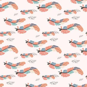Beautiful doodle seamless pattern of boho feathers on a pink background. Hand Stock Illustration
