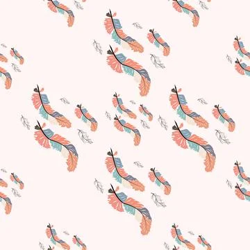 Beautiful doodle seamless pattern of boho feathers on a pink background. Hand Stock Illustration