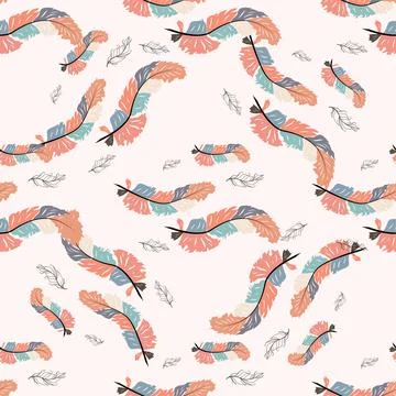 Beautiful doodle seamless pattern of boho feathers on a pink background. Hand Stock Illustration