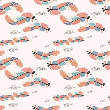 Beautiful doodle seamless pattern of boho feathers on a pink background. Hand Stock Illustration
