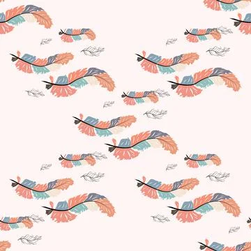 Beautiful doodle seamless pattern of boho feathers on a pink background. Hand Stock Illustration