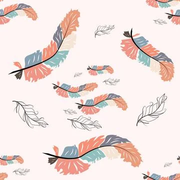 Beautiful doodle seamless pattern of boho feathers on a pink background. Hand Stock Illustration