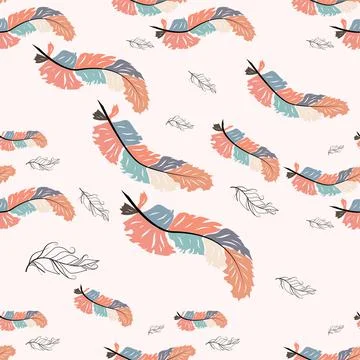 Beautiful doodle seamless pattern of boho feathers on a pink background. Hand Stock Illustration
