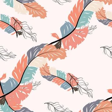 Beautiful doodle seamless pattern of boho feathers on a pink background. Hand Stock Illustration